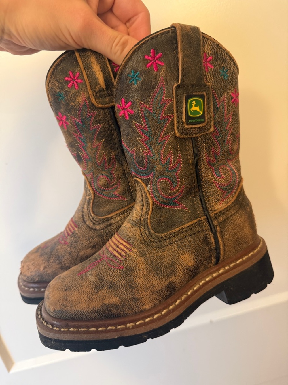 John Deere Green & Yellow Leather-Top Kids' Boot Interior Tag Visible